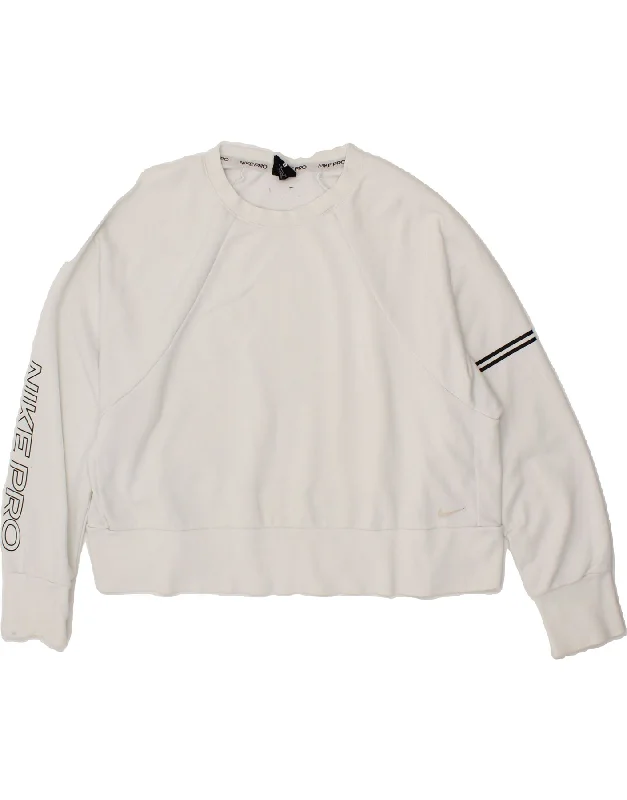NIKE Womens Dri Fit Crop Sweatshirt Jumper UK 18 XL White Cotton Hoodie with Distressed Vintage Worn NIKE Womens Dri Fit Crop Sweatshirt Jumper UK 18 XL White Cotton Hoodie with Distressed Vintage Worn