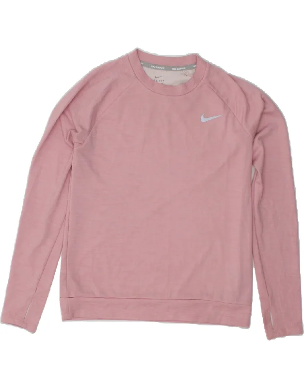 NIKE Womens Dri Fit Sweatshirt Jumper UK 10 Small Pink Polyester Hoodie with Cropped Fit Short Trendy