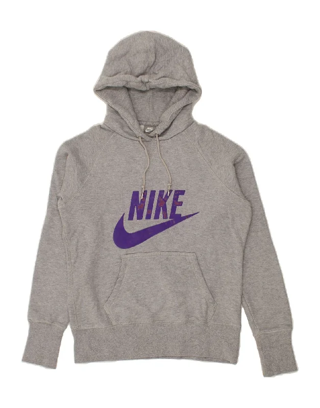 NIKE Womens Graphic Hoodie Jumper UK 14 Large Grey Cotton Hoodie with Stripes Bold Sporty