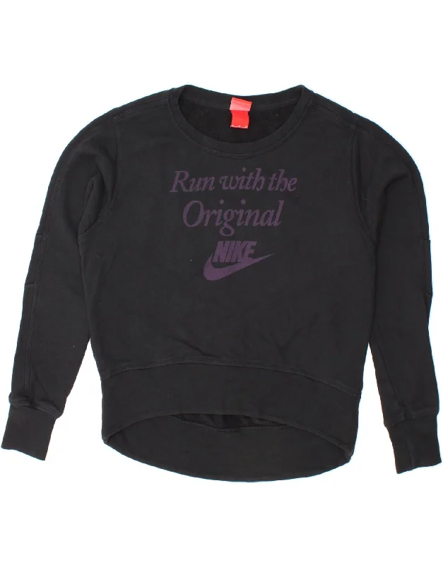 NIKE Womens Graphic Sweatshirt Jumper UK 14 Medium Black Cotton Hoodie with Hem Lace Feminine Delicate