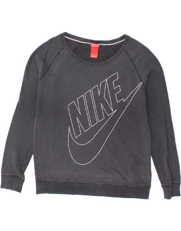 NIKE Womens Graphic Sweatshirt Jumper UK 14 Medium Black Cotton Hoodie with Front Slit Layering Stylish