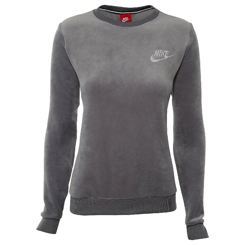 Nike Women's Sportswear Velour Crew Sweatshirt Dark Grey Plush Hoodie with Longline Fit Extended Stylish Nike Women's Sportswear Velour Crew Sweatshirt Dark Grey Plush Hoodie with Longline Fit Extended Stylish
