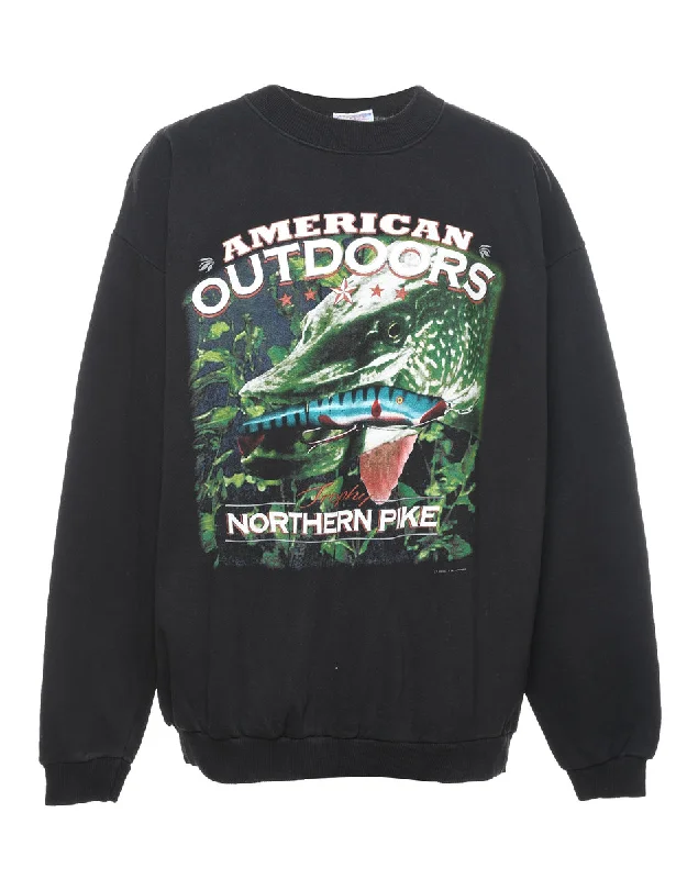 Northern Pike Printed Black Sweatshirt - XL Hoodie with Rhinestones Sparkly Elegant