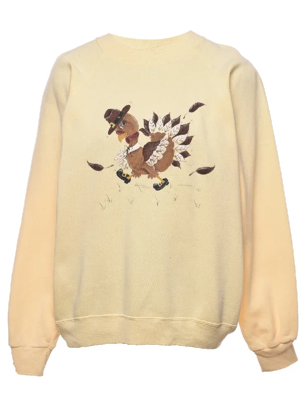 Pale Yellow Bird Printed Sweatshirt - L Hoodie with Back Slit Movement Comfort