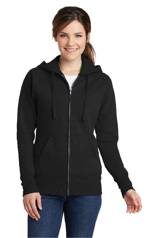 Port & Company Womens Core Pill Resistant Fleece Full Zip Hooded Sweatshirt Hoodie - Jet Black Hoodie with Drop Shoulder Relaxed Streetwear