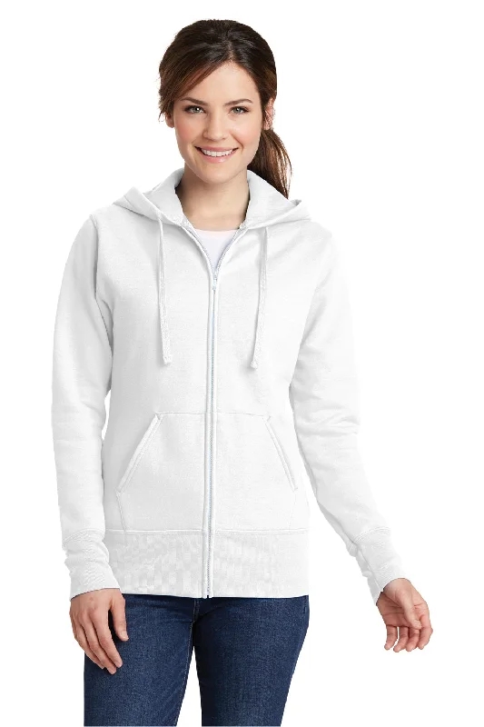 Port & Company Womens Core Pill Resistant Fleece Full Zip Hooded Sweatshirt Hoodie - White Hoodie with Side Slits Relaxed Casual