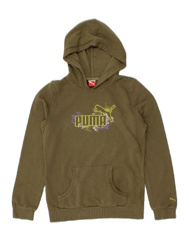 PUMA Girls Graphic Hoodie Jumper 13-14 Years XL Khaki Cotton Hoodie with Hem Raw Edge Edgy Unfinished