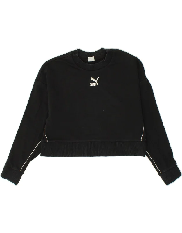 PUMA Womens Oversized Crop Sweatshirt Jumper UK 6 XS Black Hoodie with Pocket Utility Practical