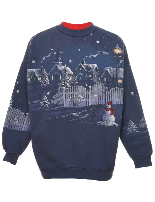 Purple Snowman Printed Sweatshirt - M Hoodie with Puffed Sleeves Voluminous Trendy