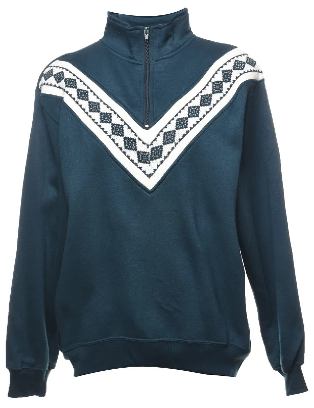 Quarter-Zip Dark Green & White Patterned Sweatshirt - M Hoodie with Mesh Breathable Sporty