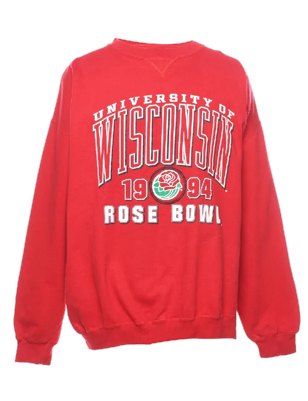 Red Wisconsin Printed Sweatshirt - XXL Hoodie with Frayed Bohemian Relaxed