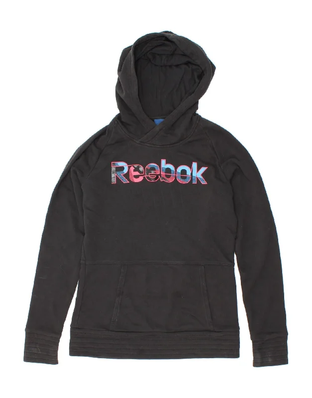 REEBOK Womens Graphic Hoodie Jumper UK 12 Medium Black Cotton Hoodie with Thumb Holes Functional Cozy