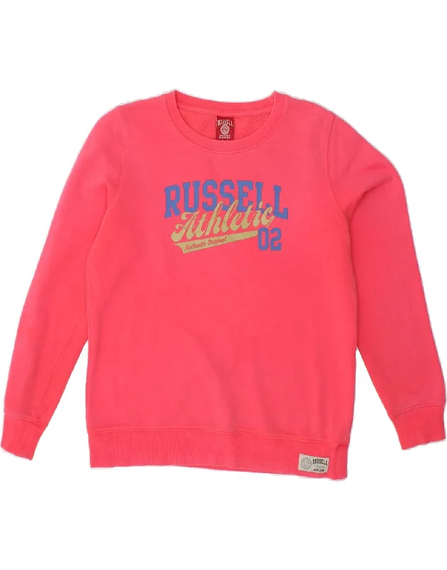 RUSSELL ATHLETIC Womens Graphic Sweatshirt Jumper UK 14 Large Pink Hoodie with Contrast Stitching Detailed Premium