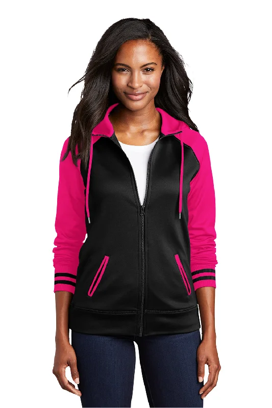 Sport-Tek Womens Sport-Wick Moisture Wicking Fleece Hooded Sweatshirt Hoodie - Black/Neon Pink Hoodie with Exposed Zipper Edgy Industrial