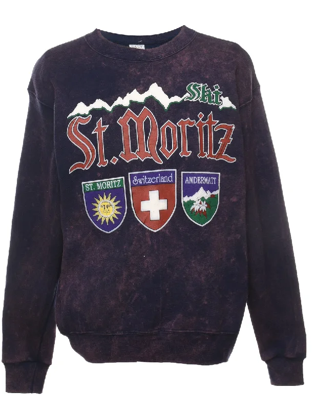 St Moritz Navy Ski Printed Sweatshirt - L Hoodie with Drawcord Adjustable Secure