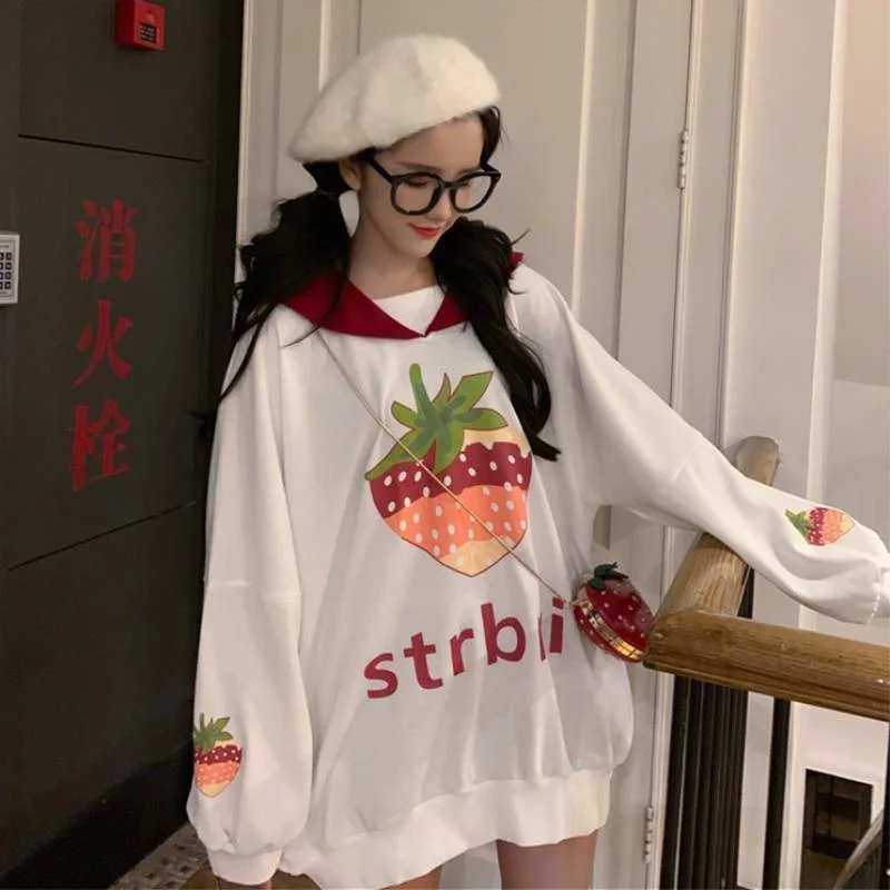 Strawberry Printed Loose Hoodies With Pocket Hoodie with Mesh Breathable Sporty