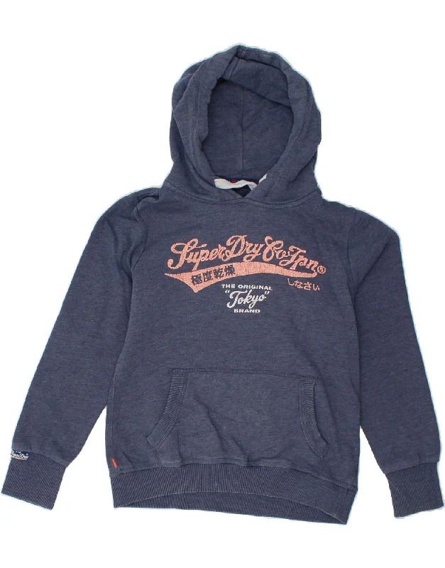 SUPERDRY Womens Graphic Hoodie Jumper UK 14 Large Navy Blue Cotton Hoodie with Drawstring Waist Adjustable Fitted