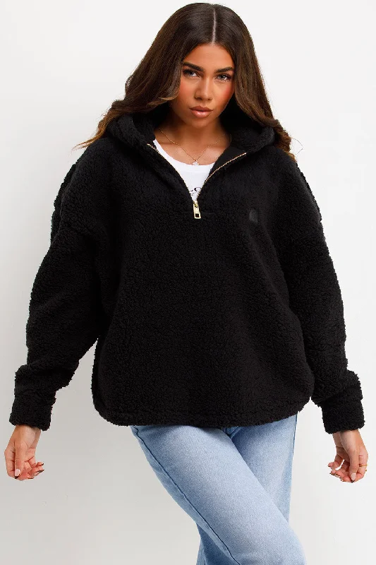 Teddy Fleece Hooded Sweatshirt With Half Zip Black Zip Hoodie Drawstring Kangaroo Pocket