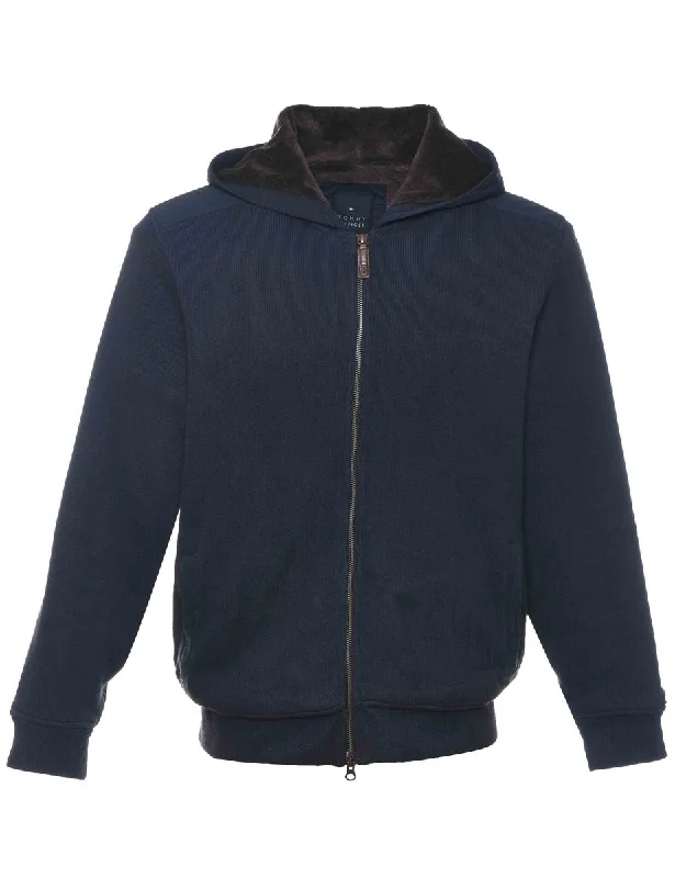 Tommy Hilfiger Navy Hooded Track Top - M Hoodie with High-Low Hem Asymmetrical Trendy