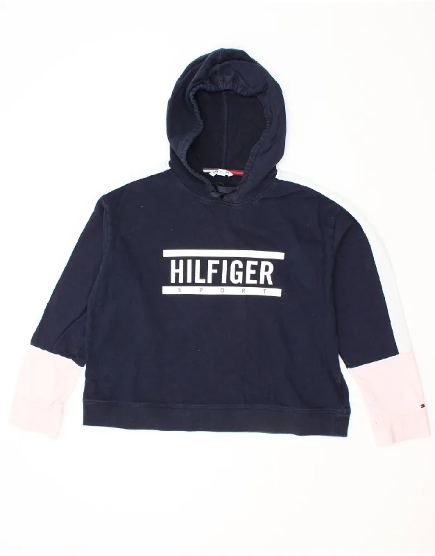 TOMMY HILFIGER Womens Graphic Crop Hoodie Jumper UK 16 Large Navy Blue Hoodie with High-Low Hem Asymmetrical Trendy