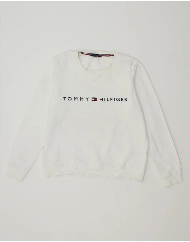 TOMMY HILFIGER Womens Graphic Sweatshirt Jumper UK 14 Medium White Cotton Hoodie with Tied Waist Feminine Flattering TOMMY HILFIGER Womens Graphic Sweatshirt Jumper UK 14 Medium White Cotton Hoodie with Tied Waist Feminine Flattering