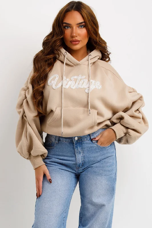 Vintage Hoodie With Ruched Sleeves Beige Hoodie with Patch Decorative Personalized