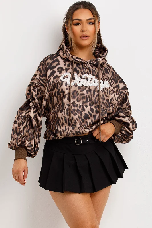 Vintage Hoodie With Ruched Sleeves Leopard Print Oversized Hoodie Comfort Casual