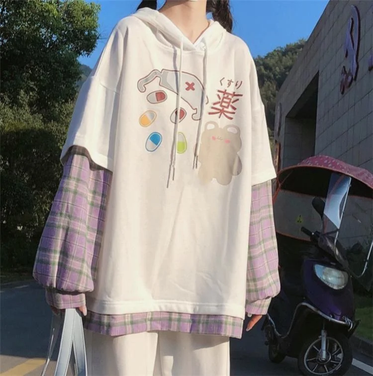 Women's Kawaii Bear Hoodies Spliting Plaid Shirts  Hoodie with Tied Waist Feminine Flattering