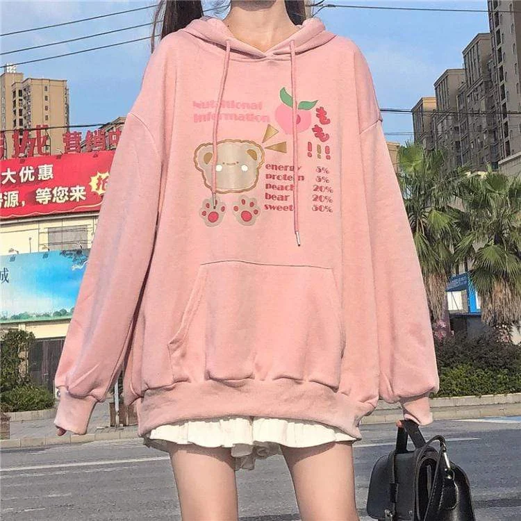 Women's Kawaii Bunny Ears Hood  Bear Printed Loose Hoodies With Big Pockets Hoodie with Puffed Sleeves Voluminous Trendy