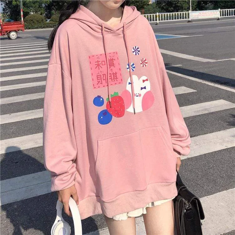 Women's Kawaii Rabbit Printed Loose Hoodies With Big Pocket Hoodie with Hidden Zipper Minimalist Clean