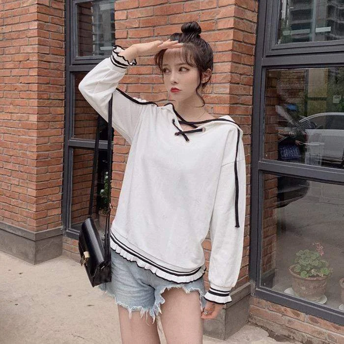 Women's Korean Fashion Lace-up Ruffles Hoodies Hoodie with Ribbed Cuffs Snug Fit Comfort