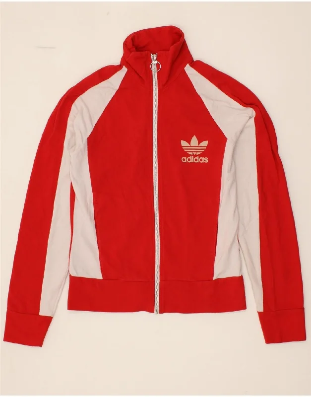 ADIDAS Womens Tracksuit Top Jacket EU 36 Small Red Colourblock Cotton Zip Front Button Front Snap Front