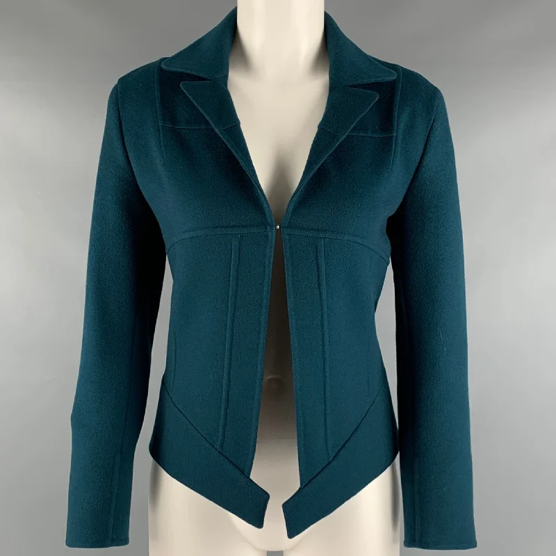 AKRIS Size 4 Blue Teal Cashmere Eye and Hook Jacket Blazer Zippered Jacket Buttoned Jacket Snapped Jacket