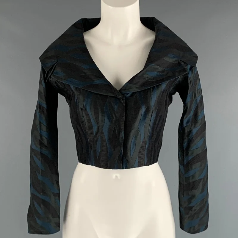 BARBARA TFANK Size 4 Black Blue Jacquard Cropped Jacket Cotton Jacket Linen Jacket Terry Jacket