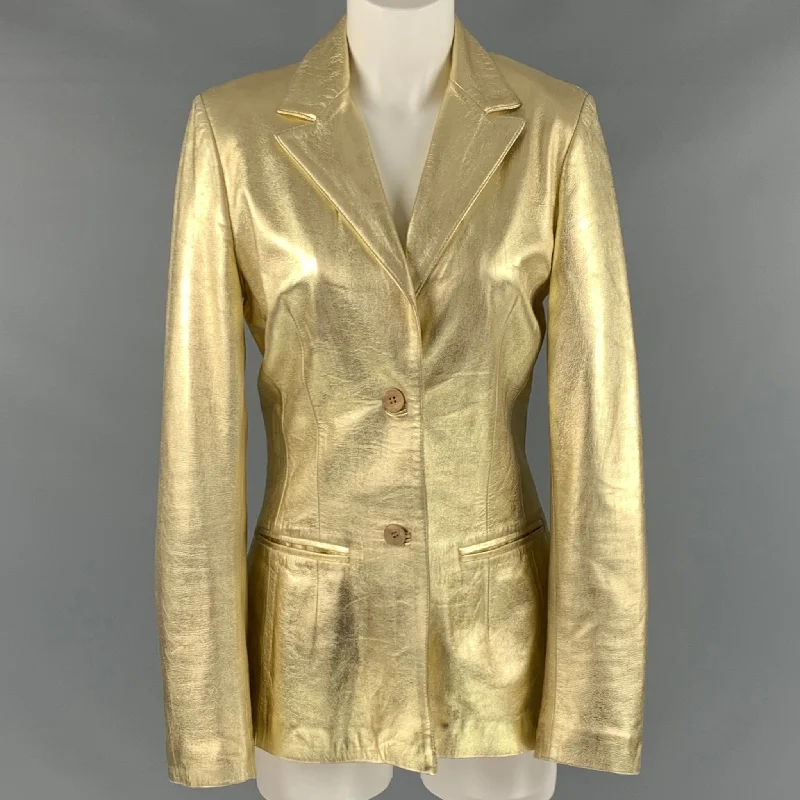 BLUMARINE Size 8 Gold Leather Metallic Lambskin Jacket Herringbone Jacket Houndstooth Jacket Plaid Jacket