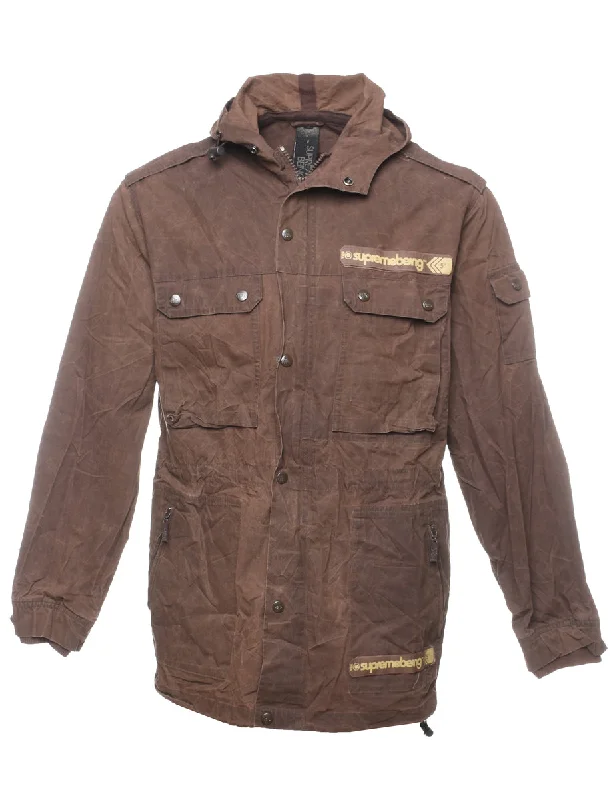 Brown Zip-Front Supreme Being Wax Jacket - M Front Pockets Side Pockets Patch Pockets