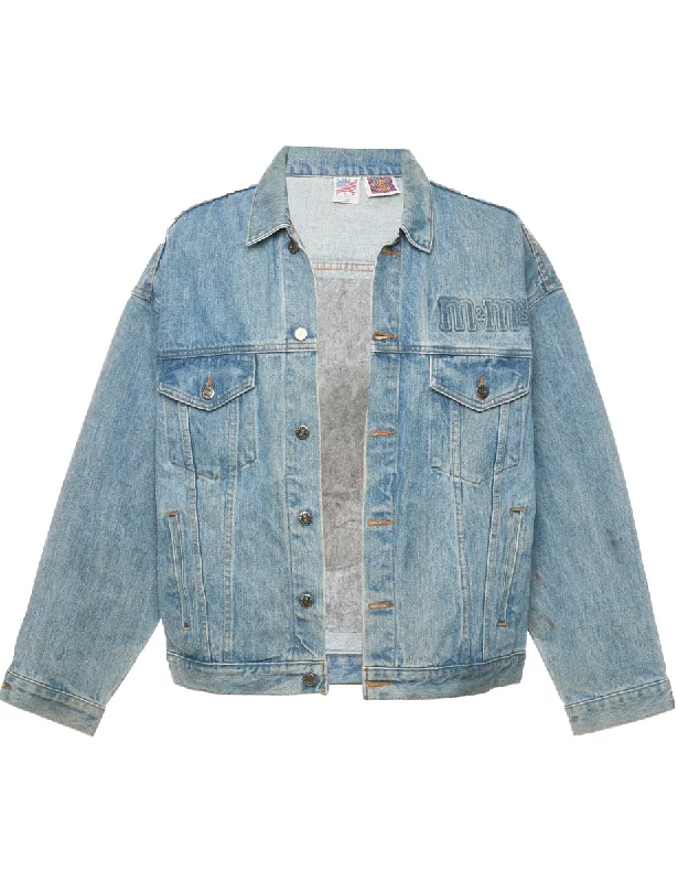 Button Front Denim Jacket - L A-Line Jacket Boat Neck Shawl Collar