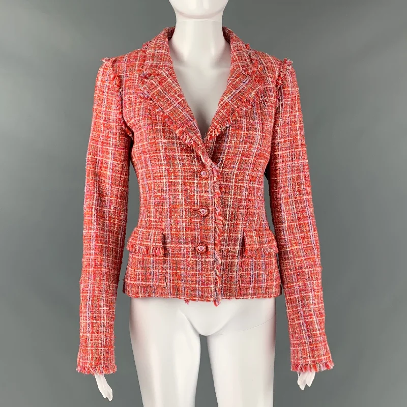 CHANEL P23159V13825 Size 4 Red White Cotton Blend Single breasted Jacket Chenille Jacket Brocade Jacket Lace Jacket