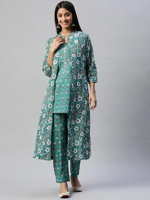 Green Cotton Floral Printed Three Piece Indowestern Kurta Pant Set With Jacket Welt Pockets Slit Pockets Flap Pockets