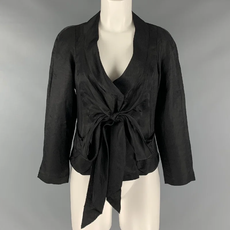 DONNA KARAN Size 8 Black Linen Viscose Tied Front Jacket  Blazer Tailored Jacket Straight Jacket A-Line Jacket