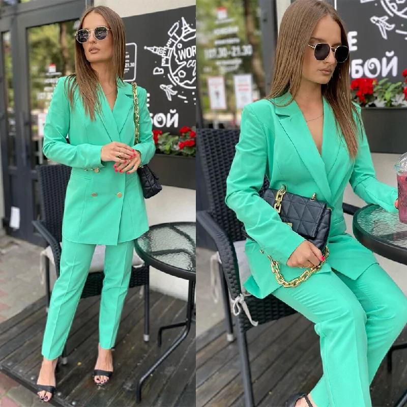 Green Double Breasted Women Wedding Tuxedos Leisure Ladies Prom Evening Guest Formal Custom Made Pants Suits (Jacket+Pants) Welt Pockets Slit Pockets Flap Pockets