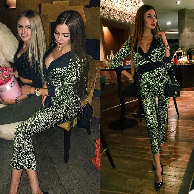 Green Leopard Women Suits Lady Formal Party Prom Tuxedos Blazer Street Style Daily Outfit (Jacket+Pants) Elasticated Jacket Padded Jacket Insulated Jacket