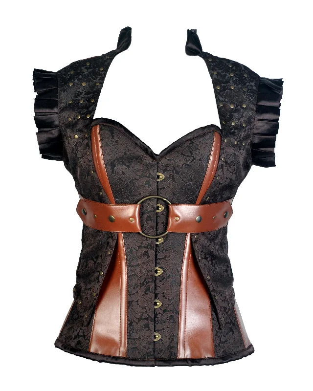 Harry Coffee Brown Brocade & Faux Leather Corset With Jacket Stand-Up Collar Roll-Neck Collar Turtle Neck