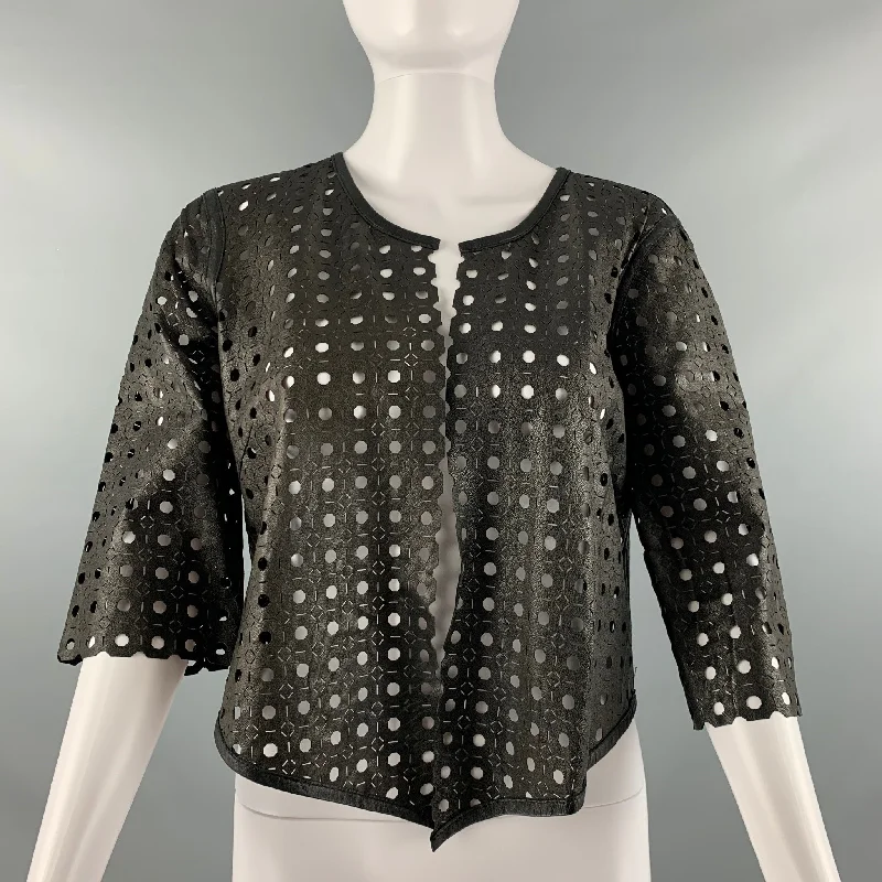 MILLY Size M Black Perforated Lambskin 3/4 Sleeves Jacket Snapped Jacket Toggled Jacket Drawstring Jacket