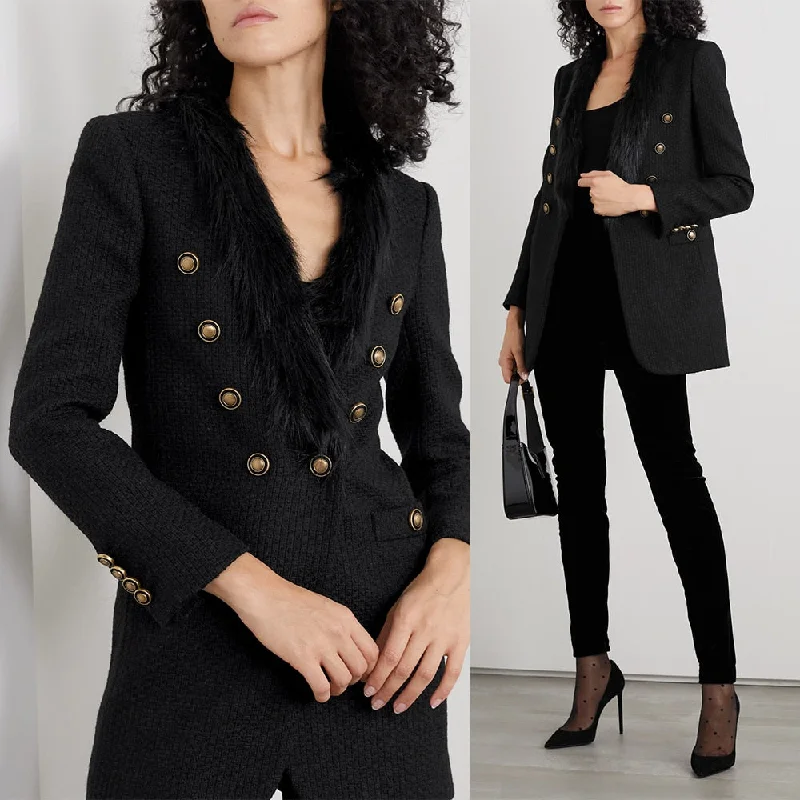 Women Set Warm Black Ostrich Feather Tuxedos Evening Party Blazer Formal Wear For Wedding (Jacket+Pants) Front Pockets Side Pockets Patch Pockets