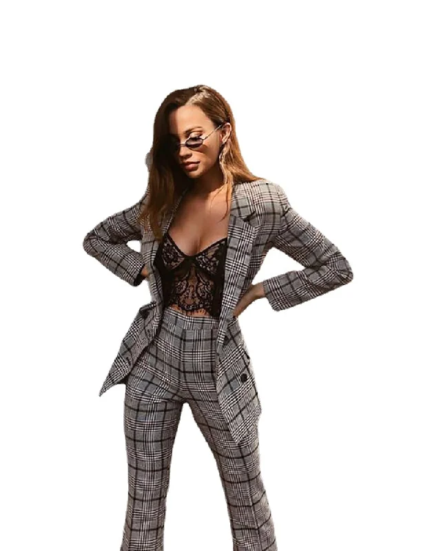 Women Suit Sets Classic Plaid Check Tuxedos Evening Party Slim Blazer Formal Wear For Wedding (Jacket+Pants) Front Pockets Side Pockets Patch Pockets