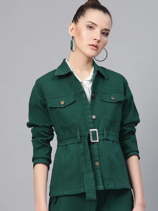 Emerald Green Denim Belted Jacket Cotton Jacket Linen Jacket Terry Jacket