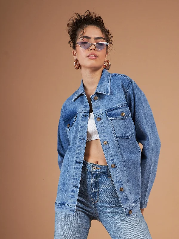 Women Ice Blue Washed Denim Oversized Jacket Plaid Jacket Tartan Jacket Houndstooth Jacket