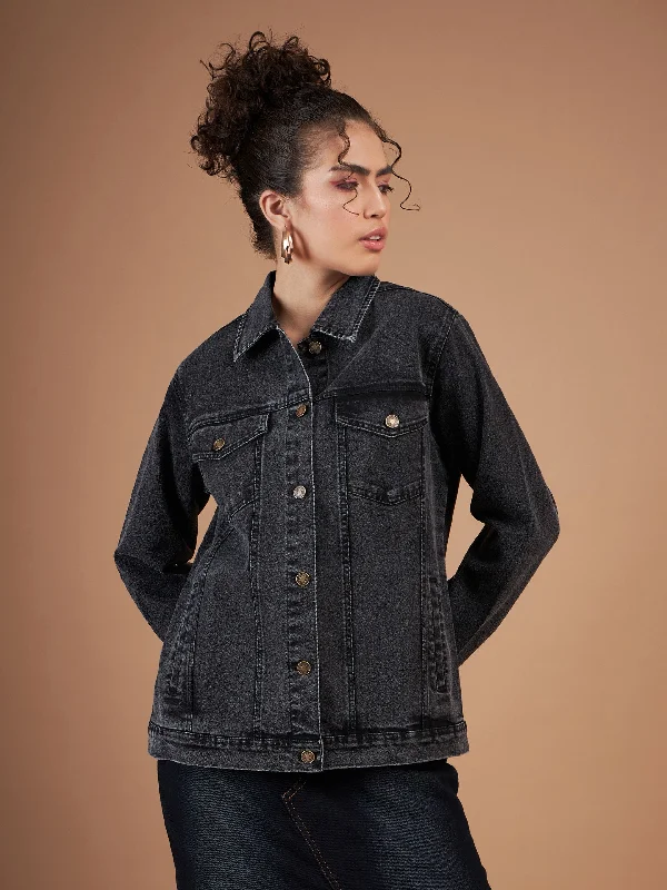 Women Black Washed Denim Oversized Jacket Fitted Jacket Loose Jacket Oversized Jacket