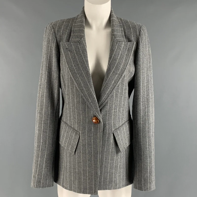 SMYTHE Size 10 Grey Cream Wool Blend chalk stripe Jacket Faux Fur Jacket Real Fur Jacket Shearling Jacket